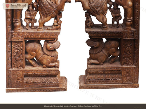 Handcrafted Temple-Style Wooden Brackets - Riders, Elephants, and Lion Base Composition