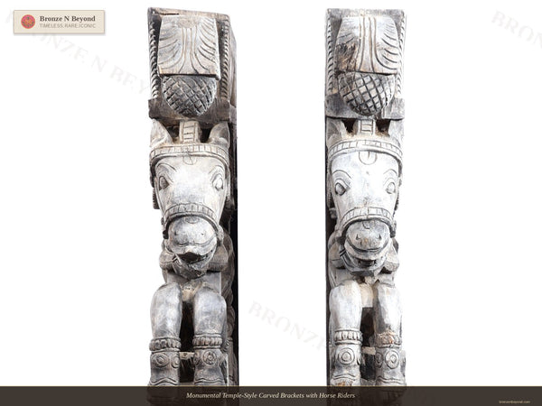 Monumental Temple-Style Carved Brackets with Horse Riders