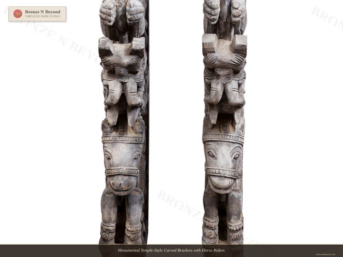 Monumental Temple-Style Carved Brackets with Horse Riders