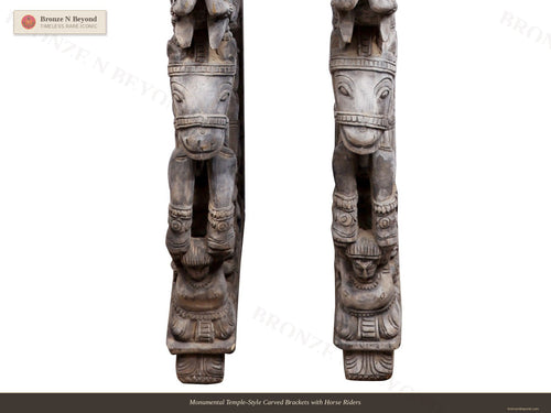 Monumental Temple-Style Carved Brackets with Horse Riders
