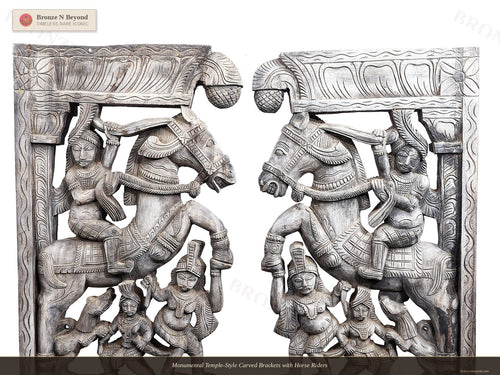 Monumental Temple-Style Carved Brackets with Horse Riders
