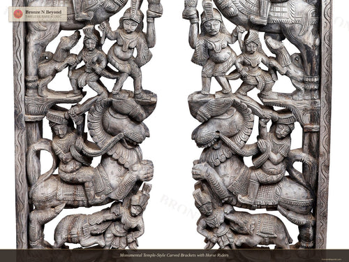 Monumental Temple-Style Carved Brackets with Horse Riders