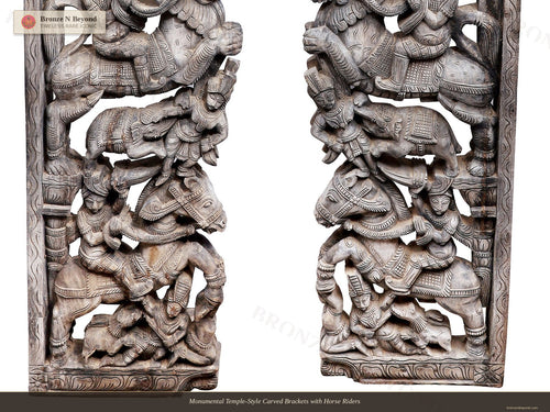 Monumental Temple-Style Carved Brackets with Horse Riders