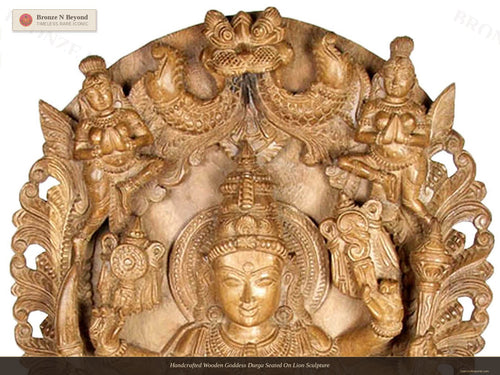 Handcrafted Wooden Goddess Durga Seated On Lion Sculpture