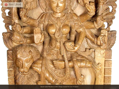 Handcrafted Wooden Goddess Durga Seated On Lion Sculpture