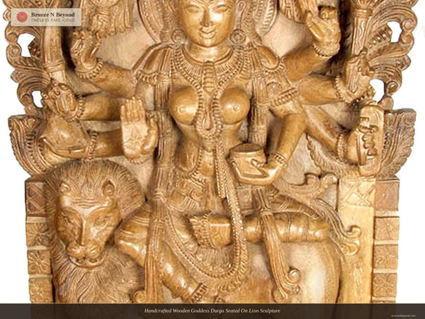 Handcrafted Wooden Goddess Durga Seated On Lion Sculpture
