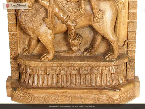 Handcrafted Wooden Goddess Durga Seated On Lion Sculpture
