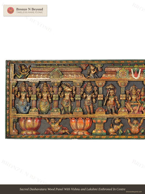 Sacred Dashavatara Wood Panel With Vishnu and Lakshmi Enthroned In Centre