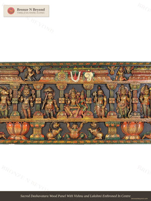 Sacred Dashavatara Wood Panel With Vishnu and Lakshmi Enthroned In Centre