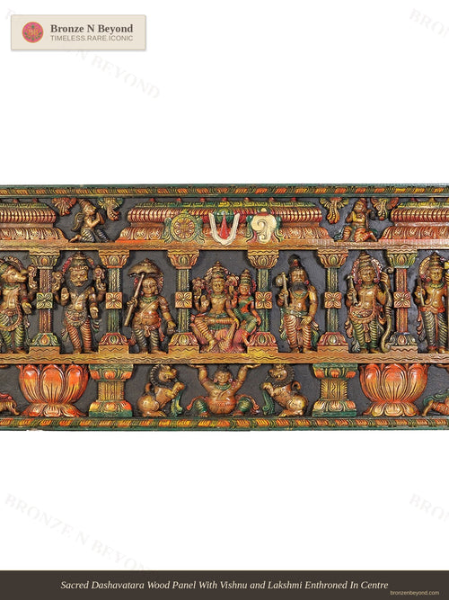 Sacred Dashavatara Wood Panel With Vishnu and Lakshmi Enthroned In Centre