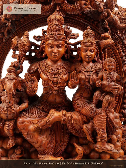 Sacred Shiva Parivar Sculpture | The Divine Household in Teakwood