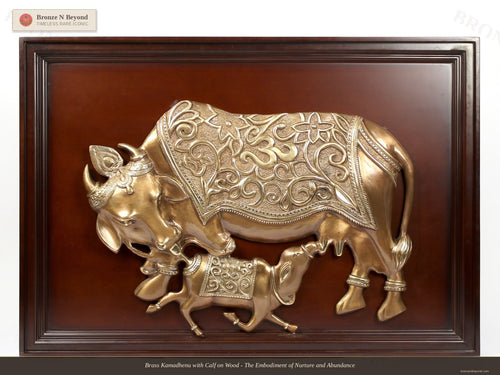 Brass Kamadhenu with Calf on Wood