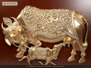 Brass Kamadhenu with Calf on Wood - The Embodiment of Nurture and Abundance