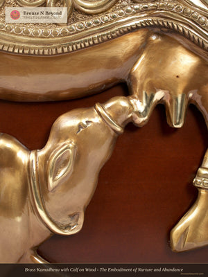 Brass Kamadhenu with Calf on Wood - The Embodiment of Nurture and Abundance