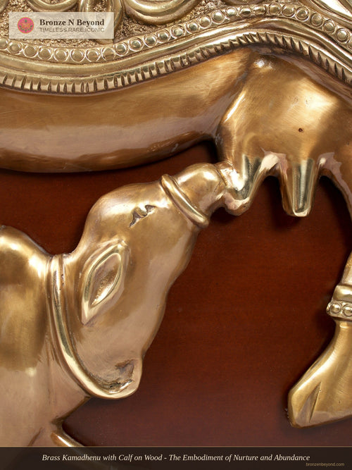 Brass Kamadhenu with Calf on Wood - The Embodiment of Nurture and Abundance