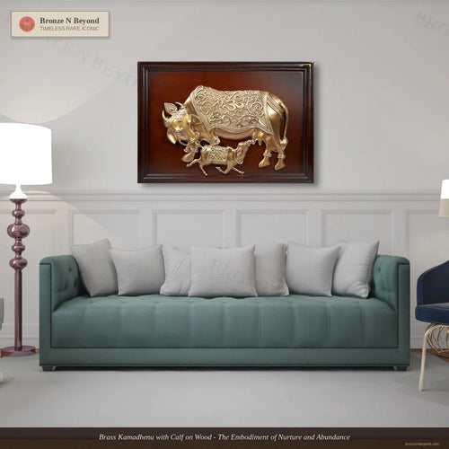 Brass Kamadhenu with Calf on Wood - The Embodiment of Nurture and Abundance