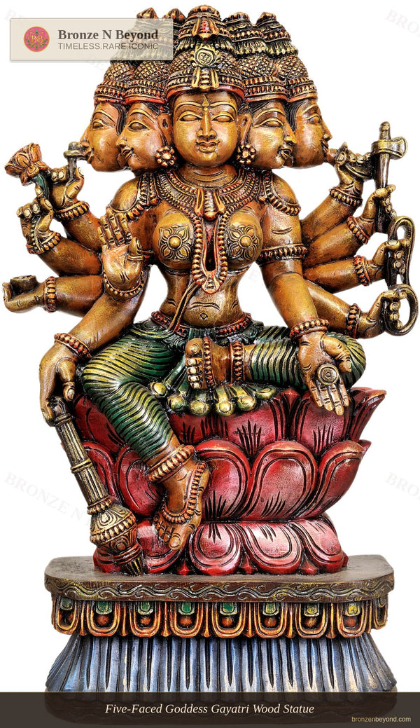 Five-Faced Goddess Gayatri Wood Statue