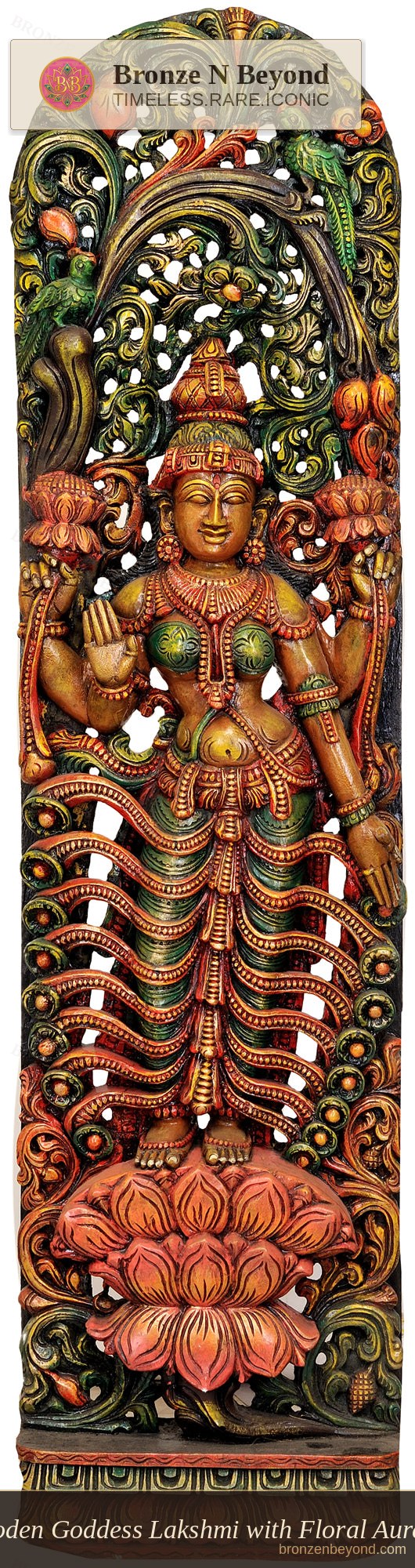 Wooden Goddess Lakshmi with Floral Aureole