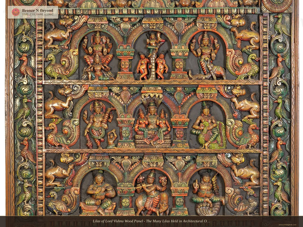 Lilas of Lord Vishnu Wood Panel - The Many Lilas Held in Architectural Order