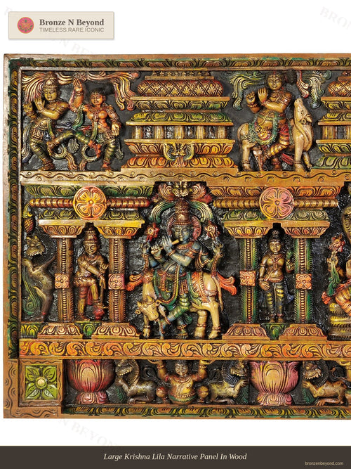 Large Krishna Lila Narrative Panel In Wood