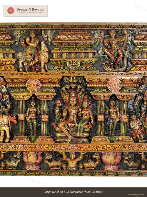 Large Krishna Lila Narrative Panel In Wood