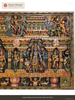 Large Krishna Lila Narrative Panel In Wood
