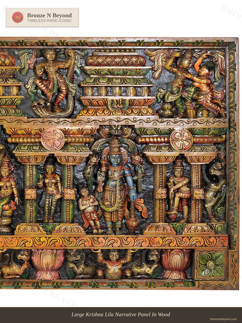 Large Krishna Lila Narrative Panel In Wood