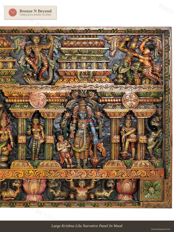 Large Krishna Lila Narrative Panel In Wood
