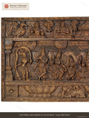 Lord Vishnu with Lakshmi in Carved Wood - Large Wall Panel