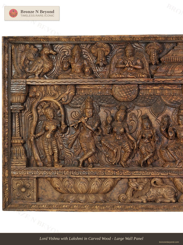 Lord Vishnu with Lakshmi in Carved Wood - Large Wall Panel