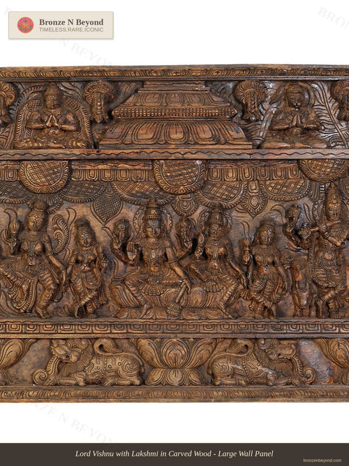 Lord Vishnu with Lakshmi in Carved Wood - Large Wall Panel
