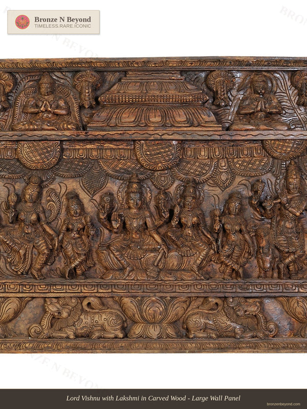 Lord Vishnu with Lakshmi in Carved Wood - Large Wall Panel