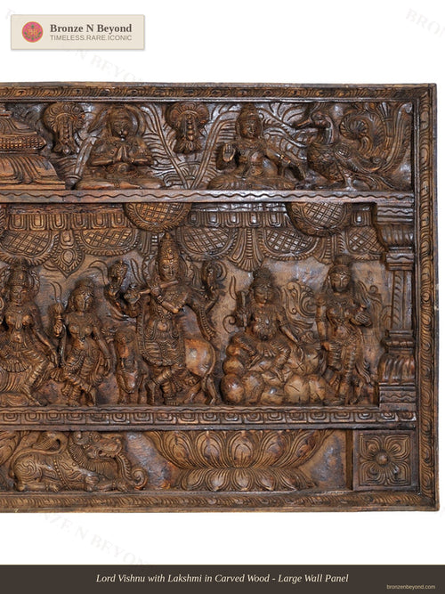 Lord Vishnu with Lakshmi in Carved Wood - Large Wall Panel