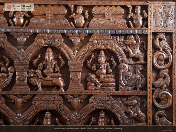 Monochrome Wooden Nava Ganesha Panel - Nine Forms in Sacred Symmetry