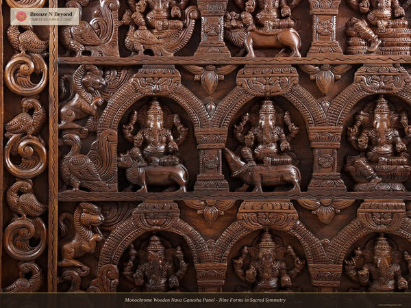 Monochrome Wooden Nava Ganesha Panel - Nine Forms in Sacred Symmetry