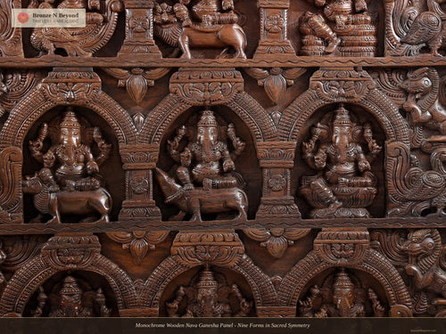 Monochrome Wooden Nava Ganesha Panel - Nine Forms in Sacred Symmetry