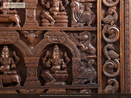 Monochrome Wooden Nava Ganesha Panel - Nine Forms in Sacred Symmetry