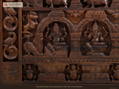 Monochrome Wooden Nava Ganesha Panel - Nine Forms in Sacred Symmetry
