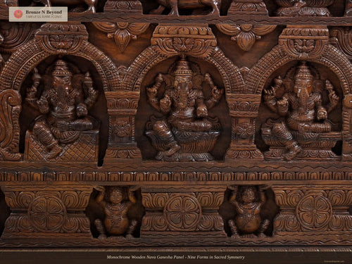 Monochrome Wooden Nava Ganesha Panel - Nine Forms in Sacred Symmetry