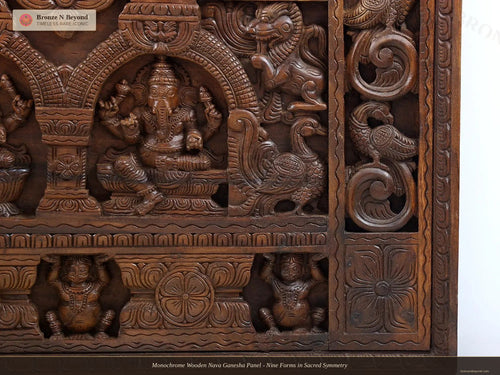 Monochrome Wooden Nava Ganesha Panel - Nine Forms in Sacred Symmetry