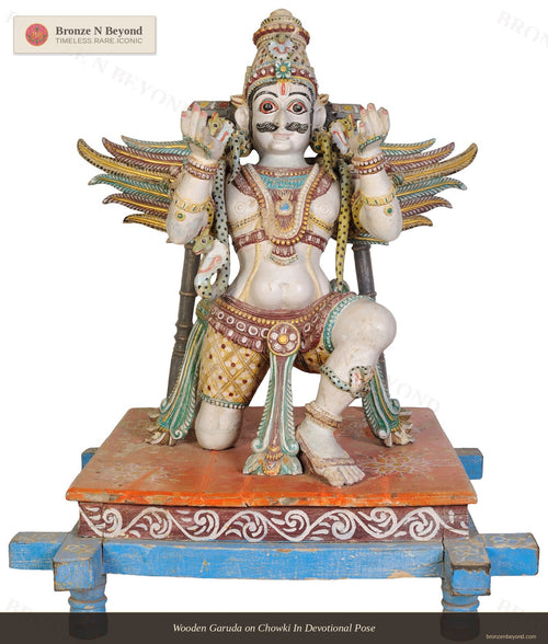 Wooden Garuda on Chowki In Devotional Pose