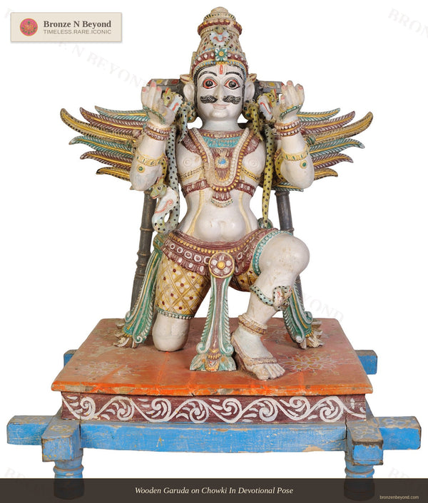 Wooden Garuda on Chowki In Devotional Pose