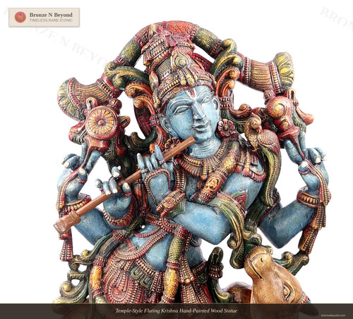 Temple-Style Fluting Krishna Hand-Painted Wood Statue