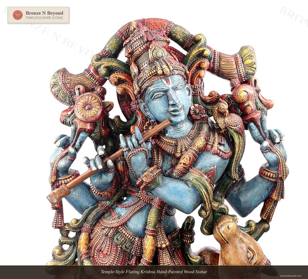 Temple-Style Fluting Krishna Hand-Painted Wood Statue