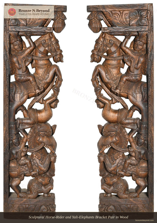 Sculptural Horse-Rider and Yali-Elephants Bracket Pair in Wood
