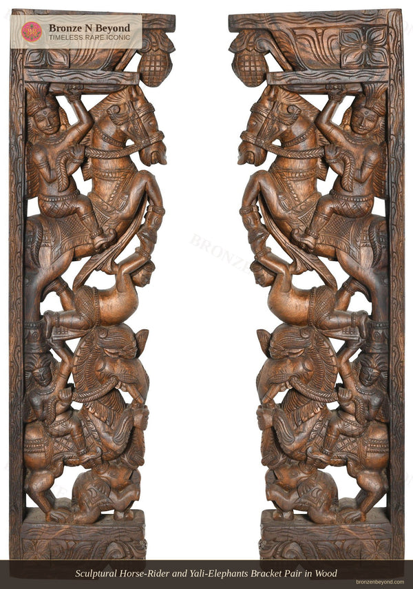 Sculptural Horse-Rider and Yali-Elephants Bracket Pair in Wood