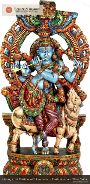 Fluting Lord Krishna With Cow under Ornate Aureole - Wood Statue