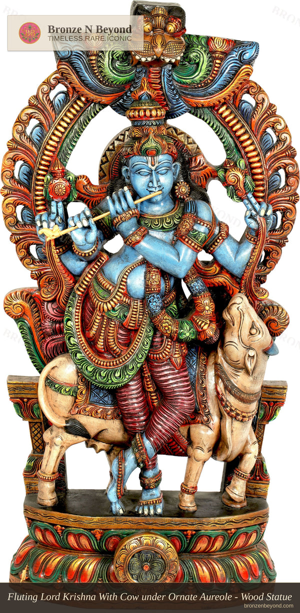 Fluting Lord Krishna With Cow under Ornate Aureole - Wood Statue