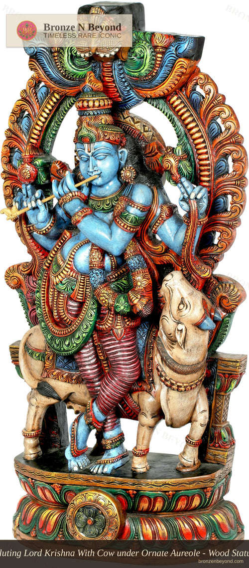 Fluting Lord Krishna With Cow under Ornate Aureole - Wood Statue