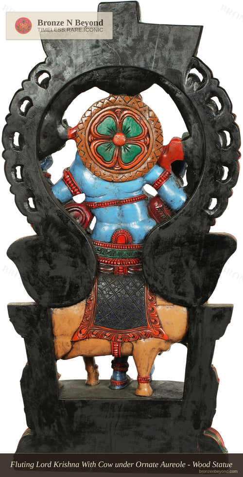 Fluting Lord Krishna With Cow under Ornate Aureole - Wood Statue